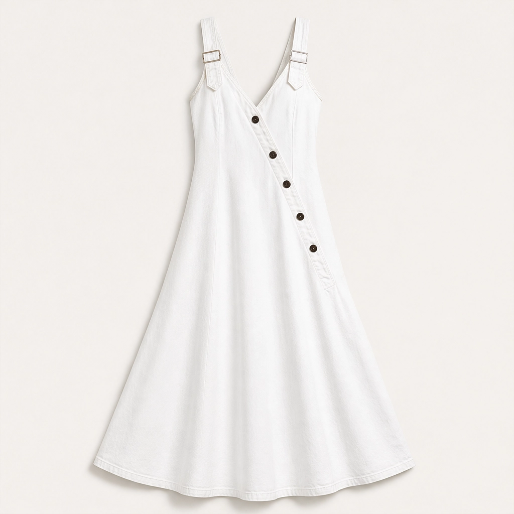 Indrielle – Asymmetric Button Denim Maxi Dress with Adjustable Straps & Pockets + 50% OFF