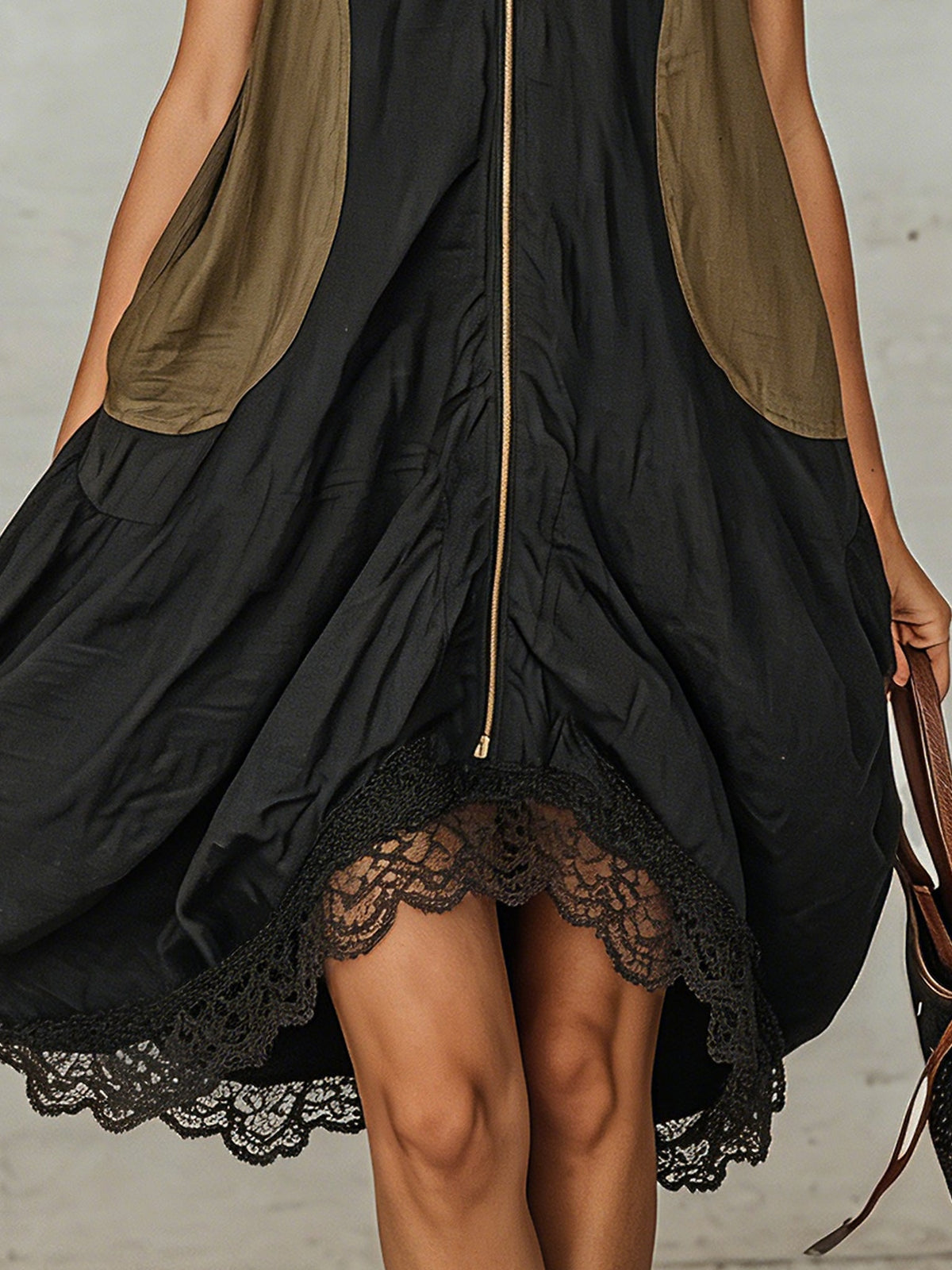 Mirelle – Color-Block Zip-Front Tulip Mini Dress with Lace Hem + 50% OFF