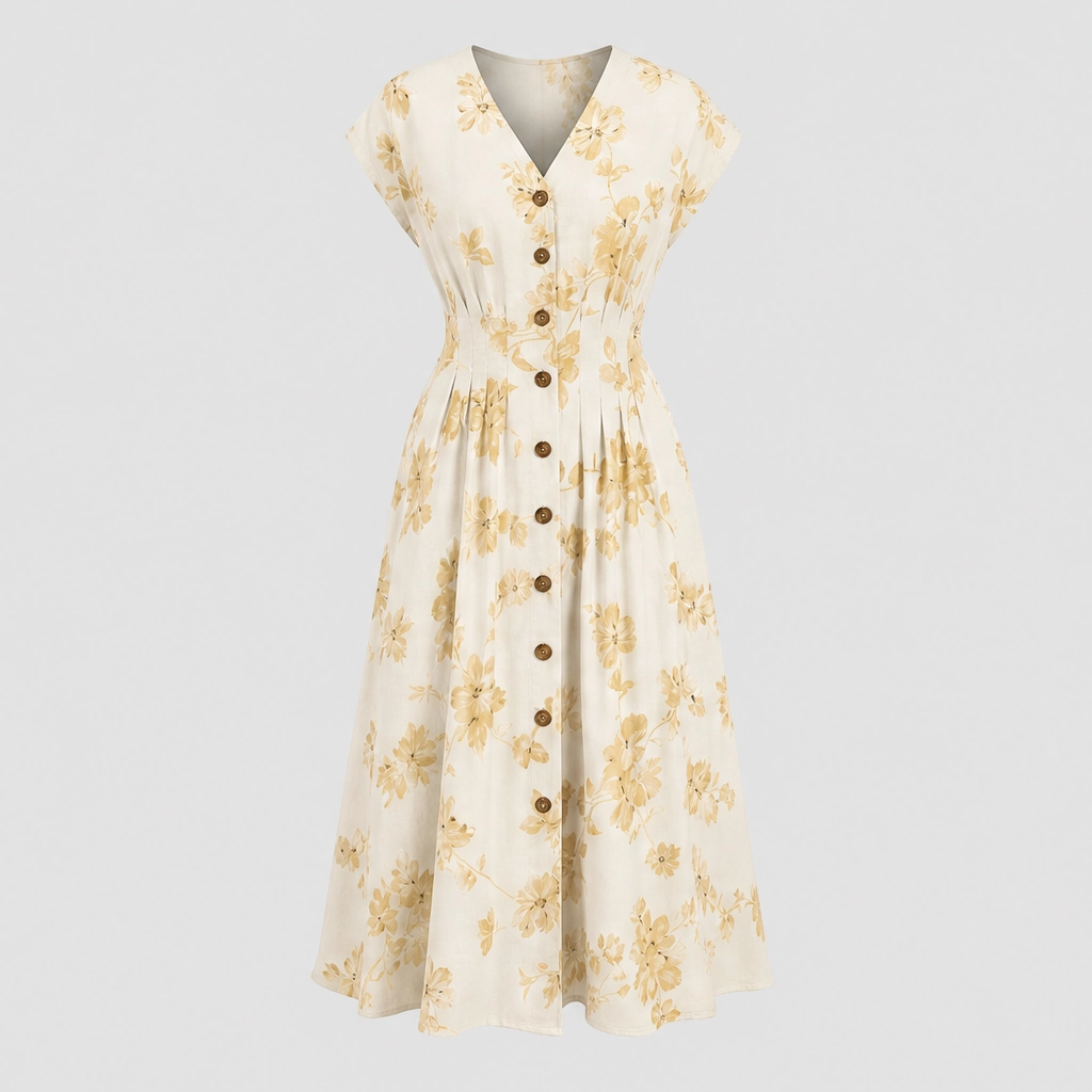 Verbena™ – Floral V-Neck Button-Down Pleated Midi Dress + 50% OFF