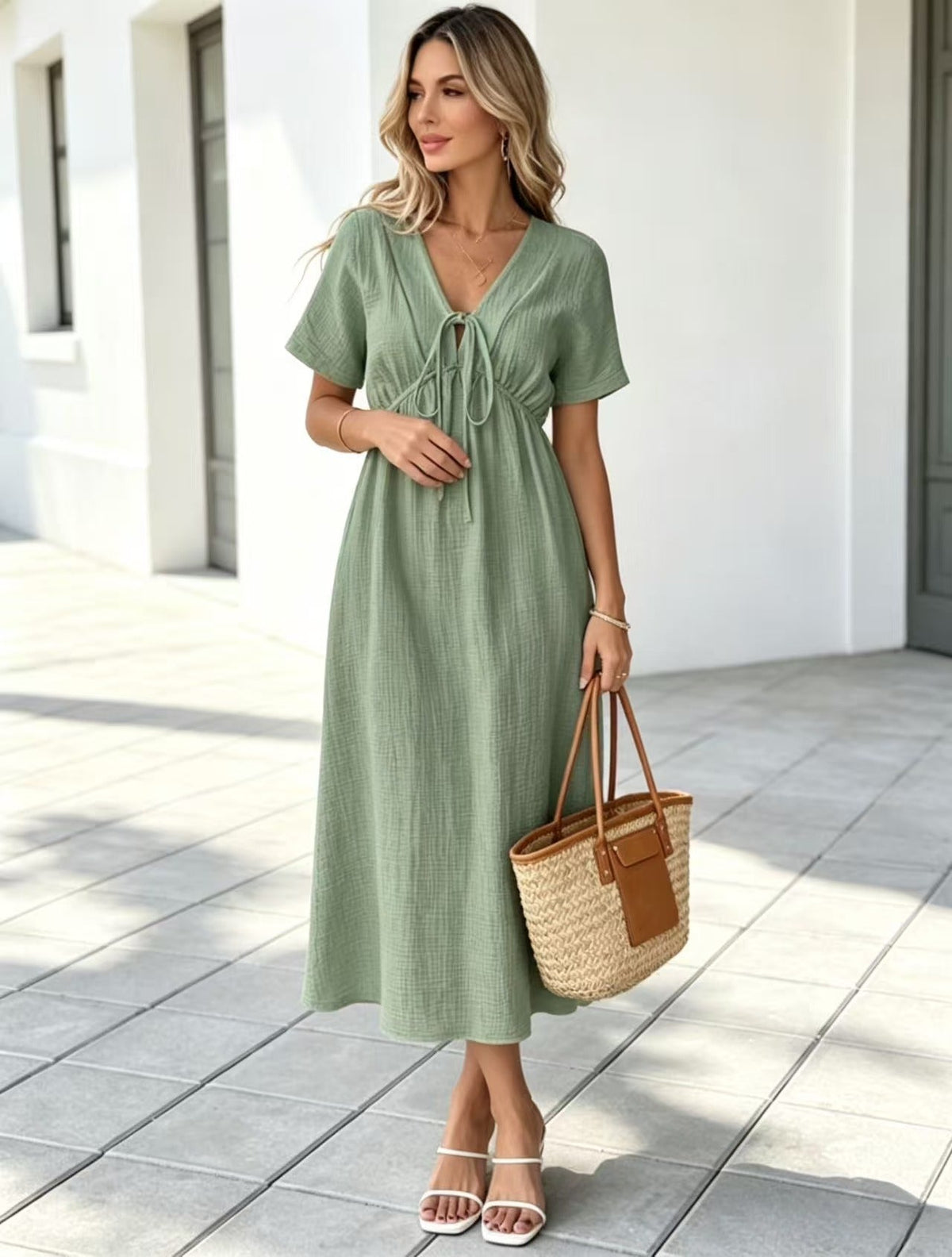 Marindale™ – Crinkle Gauze V-Neck Tie-Detail Midi Dress with Pockets + 50% OFF