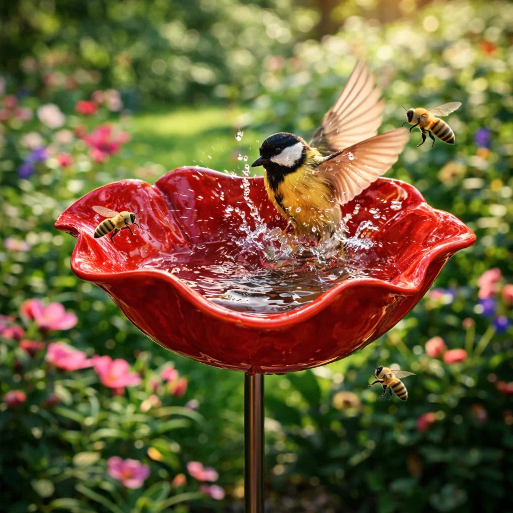 Briarcroft™ – Handcrafted Metal Poppy Garden Stake with Bird Bath Bowl + 50% OFF