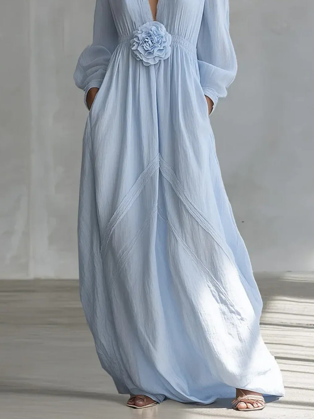 Seraline™ – Deep V-Neck 3D Floral Crinkle Maxi Dress with Pockets + 50% OFF