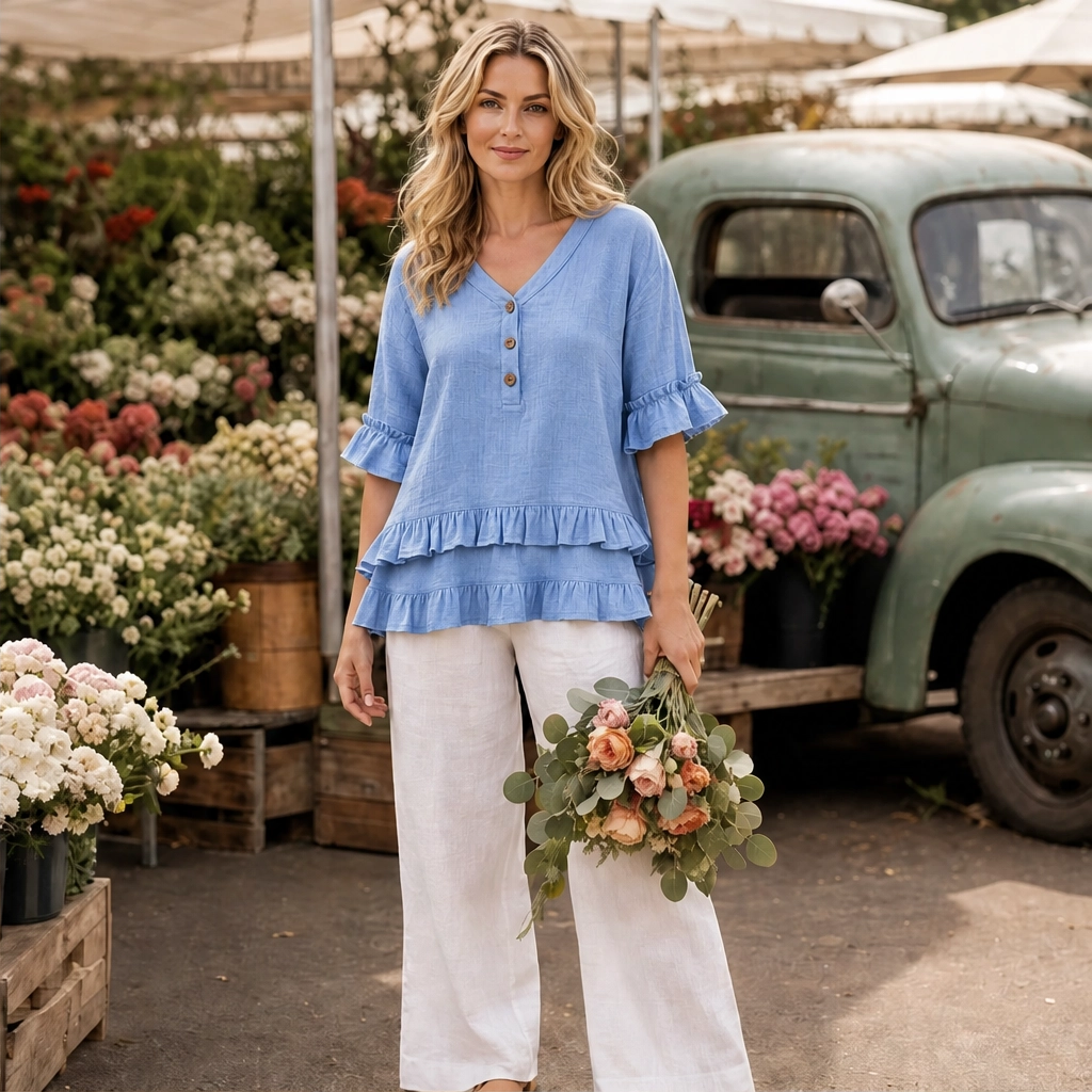 Lirelle – Breathable Linen-Blend V-Neck Ruffle Top + 50% OFF