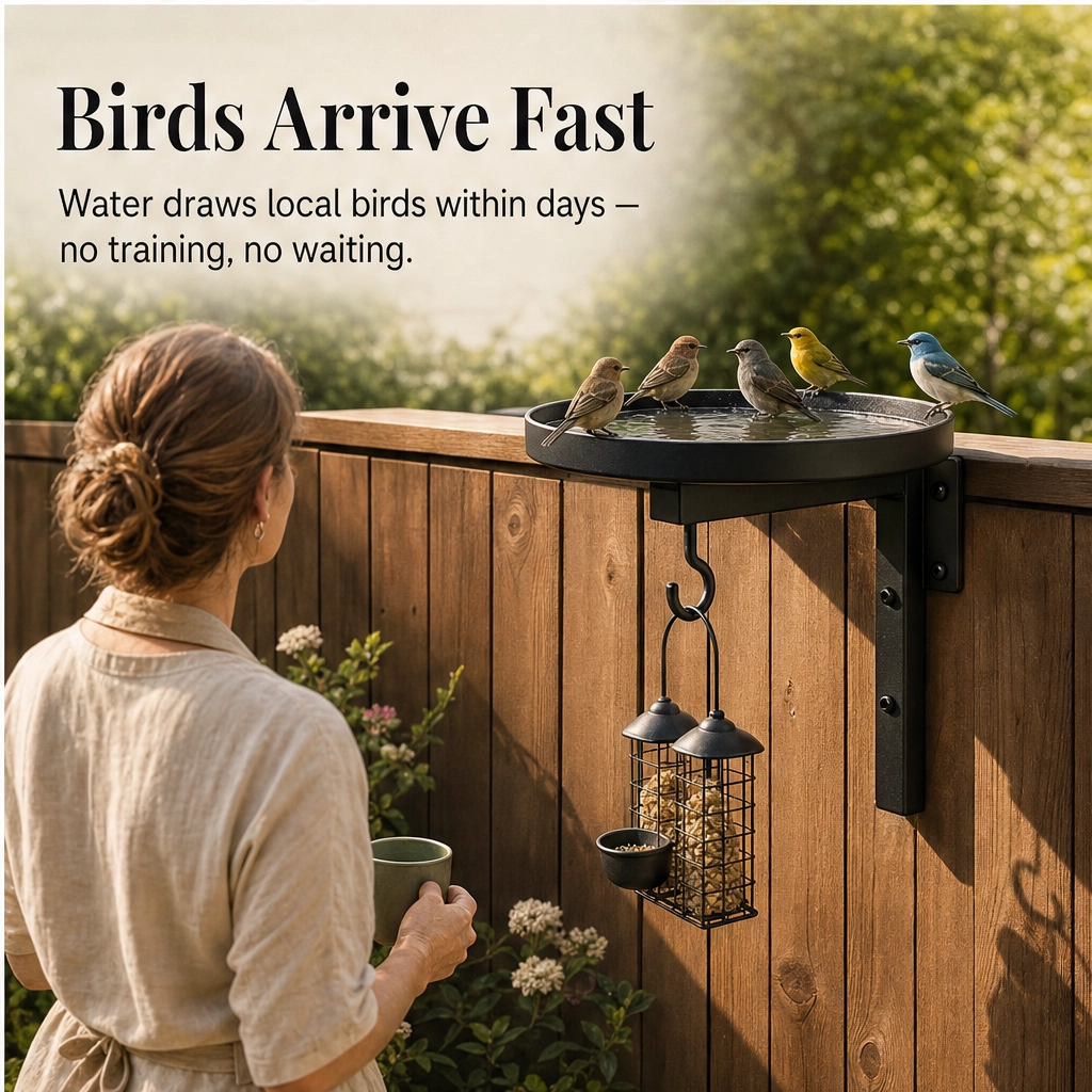 Perchwell – Dual-Function Wall-Mounted Iron Bird Bath with Hanging Hook + 50% OFF