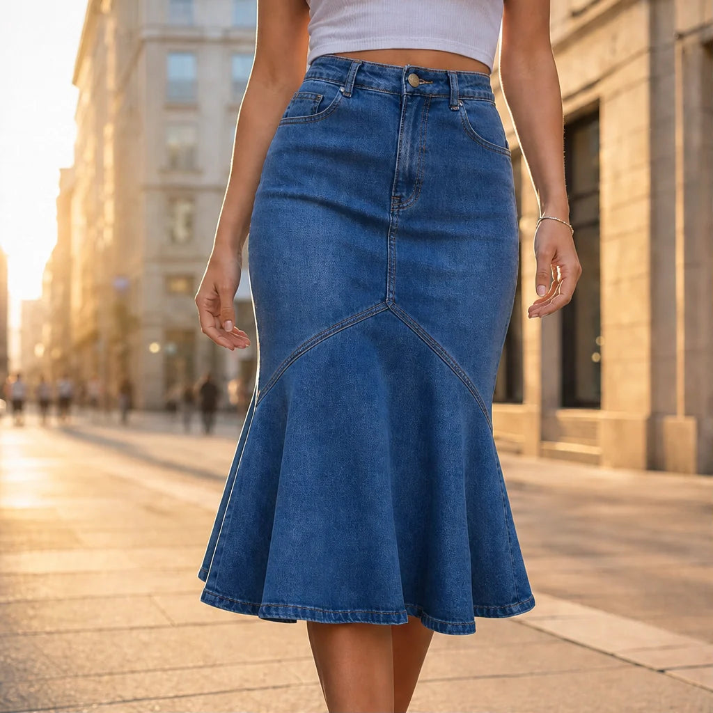 Vesperelle™ – High-Waist Flared Fishtail Denim Midi Skirt + 50% OFF