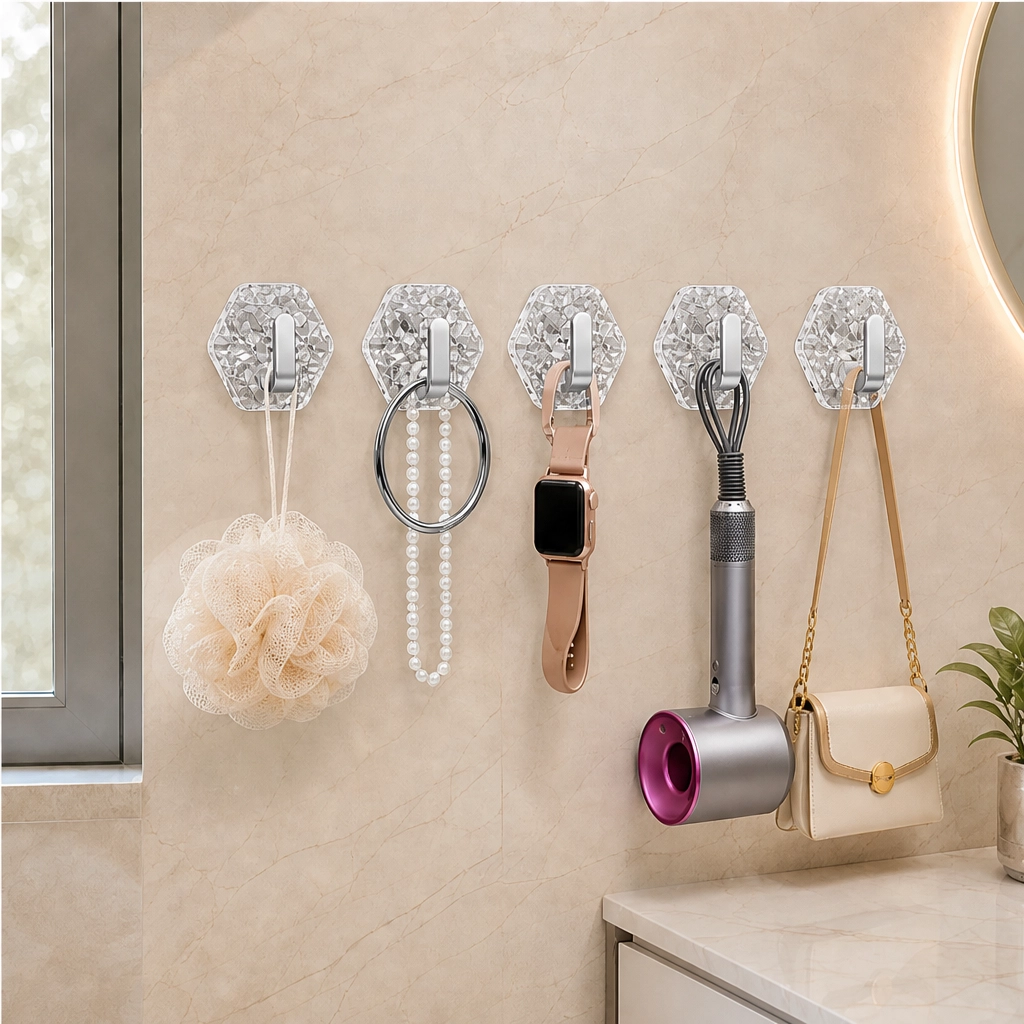 Nooka – Punch-Free Ripple Adhesive Wall Hooks (5-Pack, Holds 3kg, No-Trace) + 50% OFF
