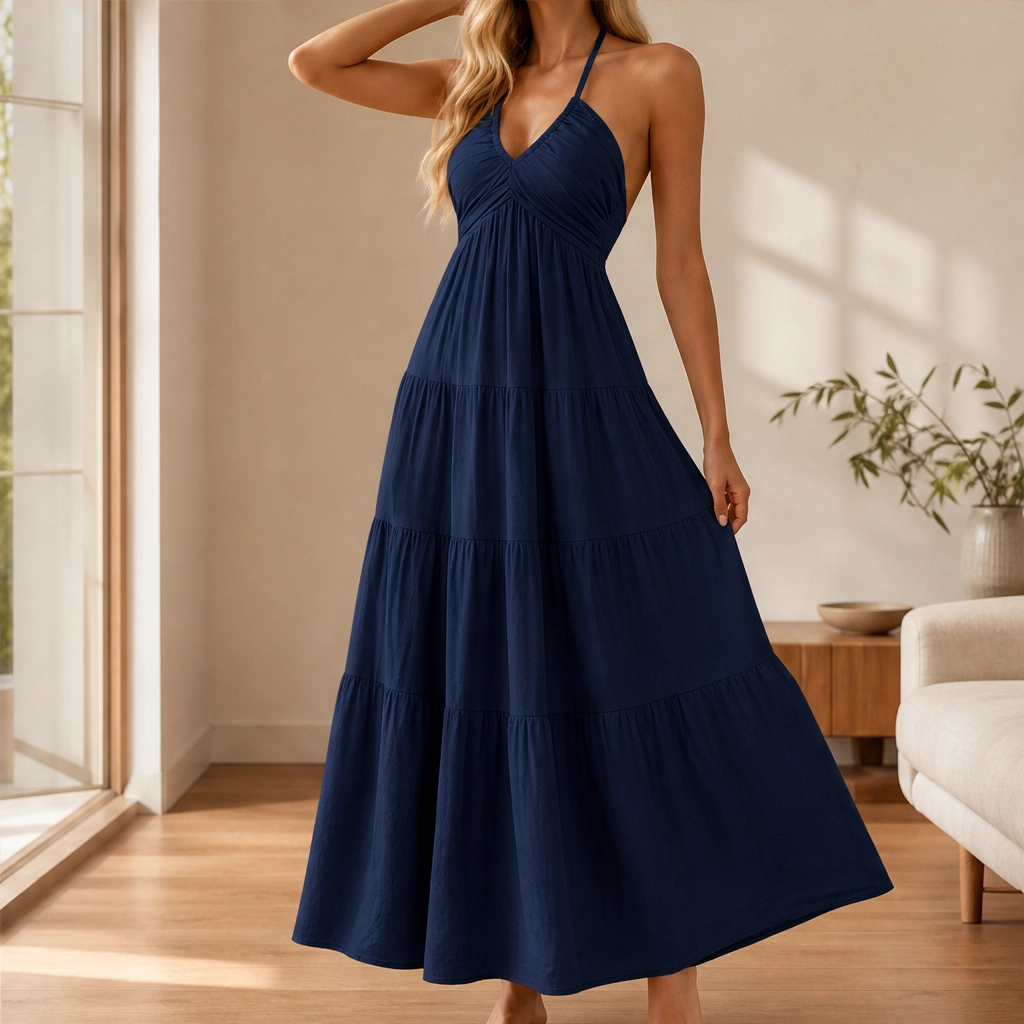 Sundara™ – Flowing Halter Backless Tiered Resort Maxi Dress + 50% OFF