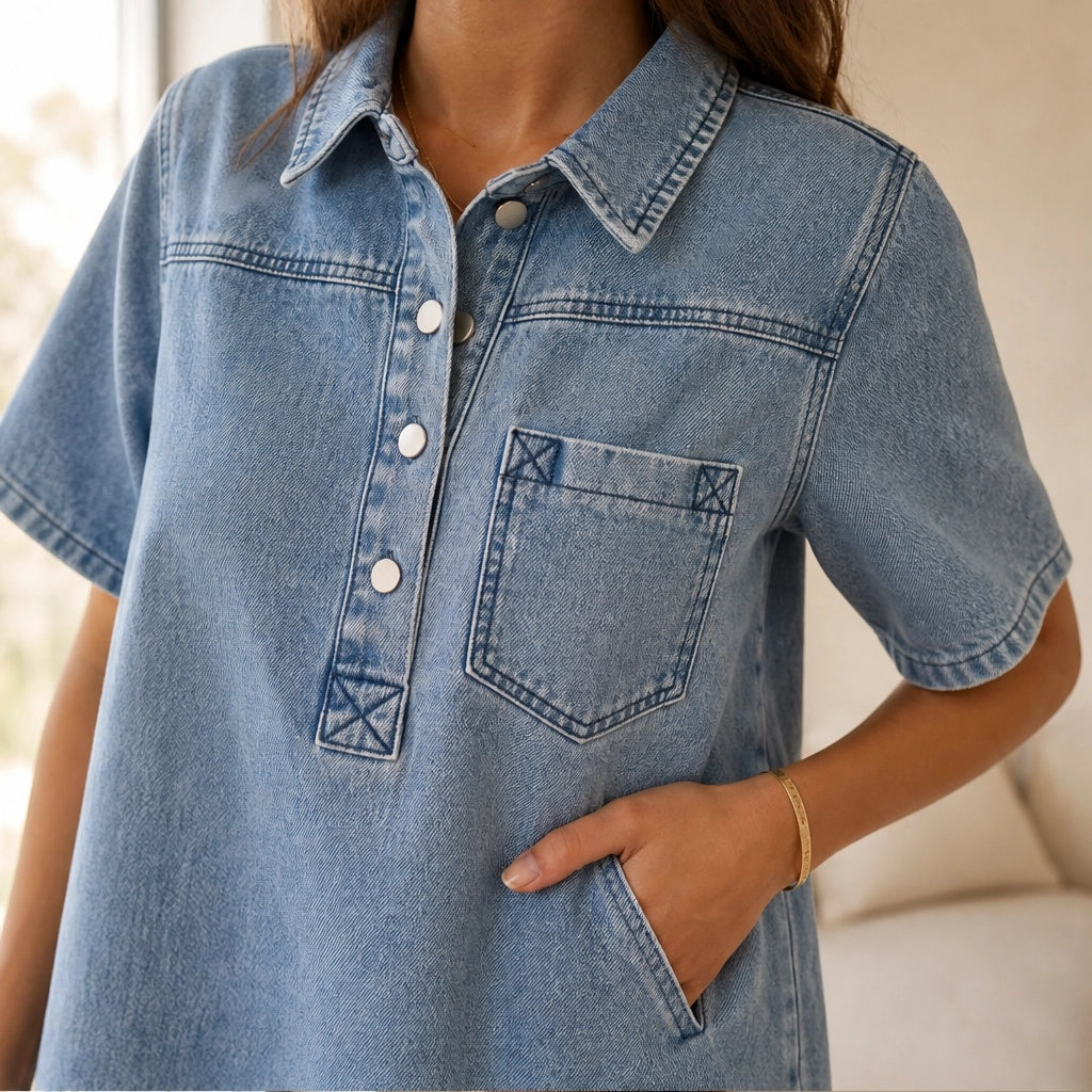 Willowen™ – Flowy Half-Button Denim Shirt Mini Dress with Pockets + 50% OFF