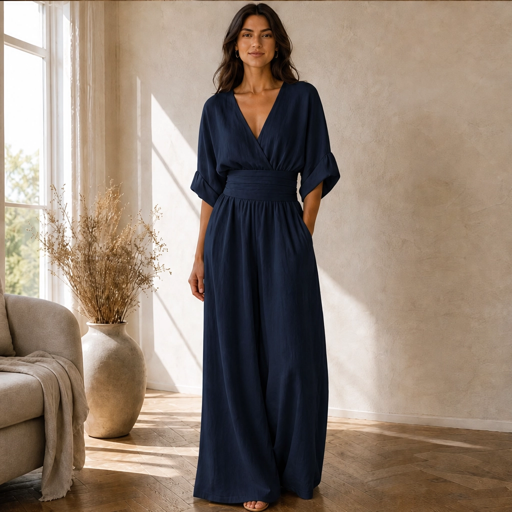 Calla – V-Neck Cinched-Waist Wide-Leg Jumpsuit + 50% OFF