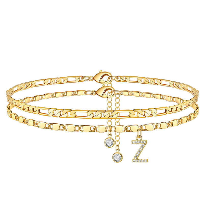 Avienne™ – Layered Gold Initial Anklet with Rhinestone Charm + 1+1 FREE