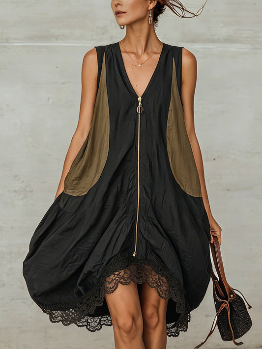 Mirelle – Color-Block Zip-Front Tulip Mini Dress with Lace Hem + 50% OFF