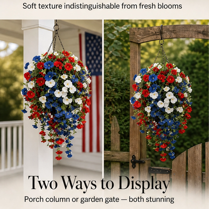 Bunting & Bloom™ – Patriotic LED Hanging Flower Basket with Remote-Controlled Lights & Mini American Flags + 50% OFF
