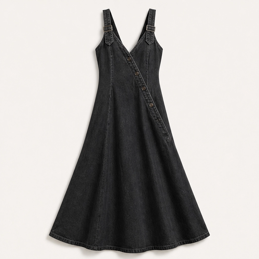 Indrielle – Asymmetric Button Denim Maxi Dress with Adjustable Straps & Pockets + 50% OFF