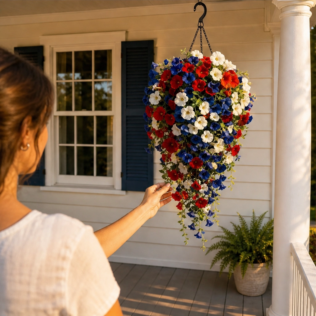 Bunting & Bloom™ – Patriotic LED Hanging Flower Basket with Remote-Controlled Lights & Mini American Flags + 50% OFF
