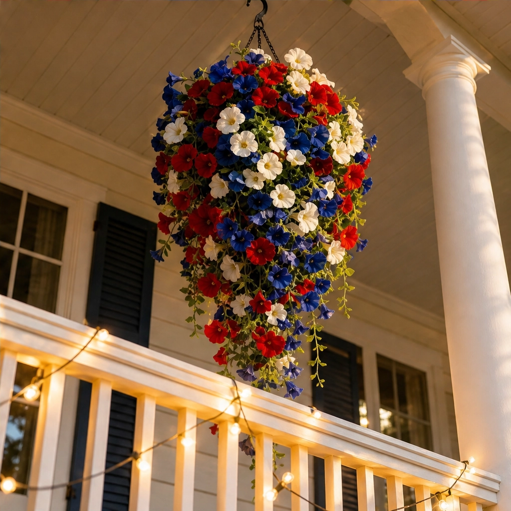 Bunting & Bloom™ – Patriotic LED Hanging Flower Basket with Remote-Controlled Lights & Mini American Flags + 50% OFF