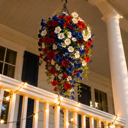 Bunting & Bloom™ – Patriotic LED Hanging Flower Basket with Remote-Controlled Lights & Mini American Flags + 50% OFF