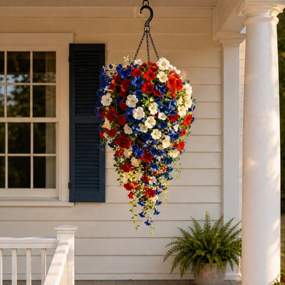 Bunting & Bloom™ – Patriotic LED Hanging Flower Basket with Remote-Controlled Lights & Mini American Flags + 50% OFF