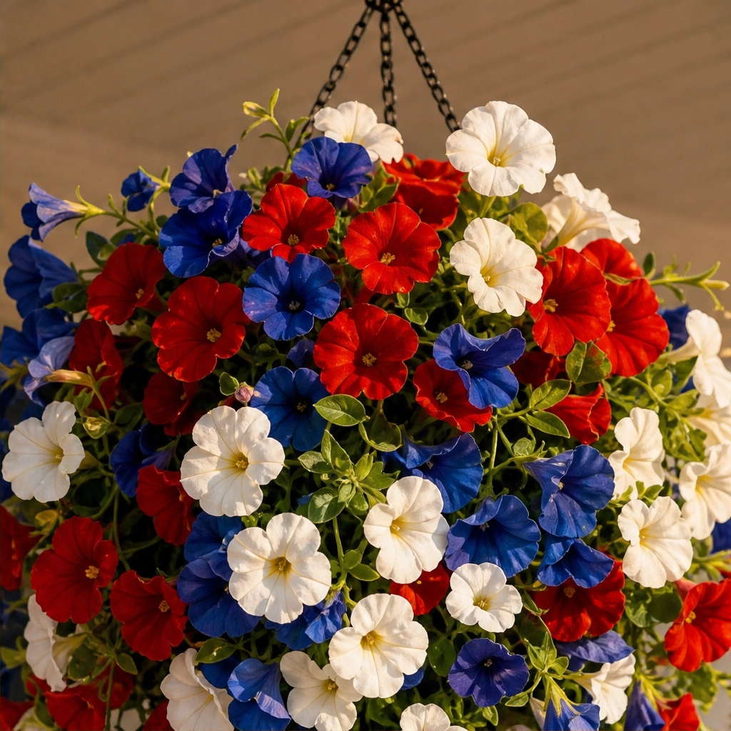 Bunting & Bloom™ – Patriotic LED Hanging Flower Basket with Remote-Controlled Lights & Mini American Flags + 50% OFF