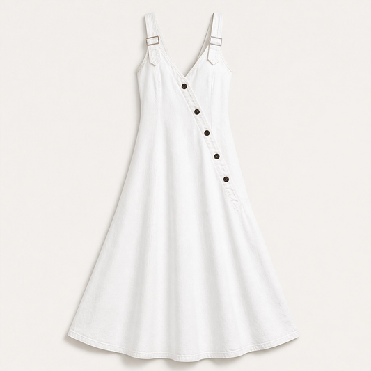 Indrielle – Asymmetric Button Denim Maxi Dress with Adjustable Straps & Pockets + 50% OFF