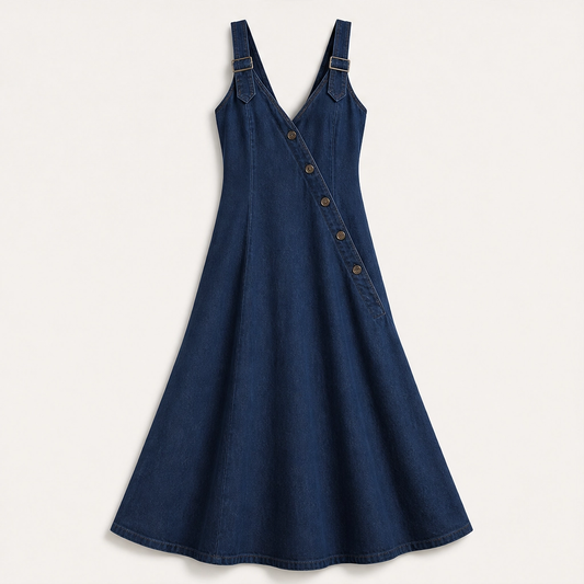 Indrielle – Asymmetric Button Denim Maxi Dress with Adjustable Straps & Pockets + 50% OFF