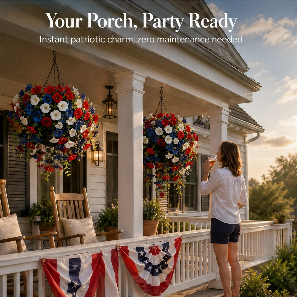 Bunting & Bloom™ – Patriotic LED Hanging Flower Basket with Remote-Controlled Lights & Mini American Flags + 50% OFF