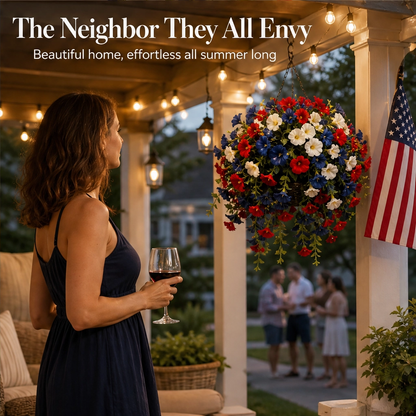Bunting & Bloom™ – Patriotic LED Hanging Flower Basket with Remote-Controlled Lights & Mini American Flags + 50% OFF