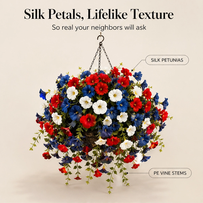 Bunting & Bloom™ – Patriotic LED Hanging Flower Basket with Remote-Controlled Lights & Mini American Flags + 50% OFF