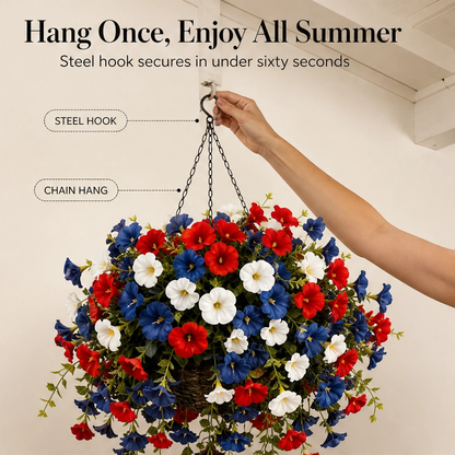 Bunting & Bloom™ – Patriotic LED Hanging Flower Basket with Remote-Controlled Lights & Mini American Flags + 50% OFF