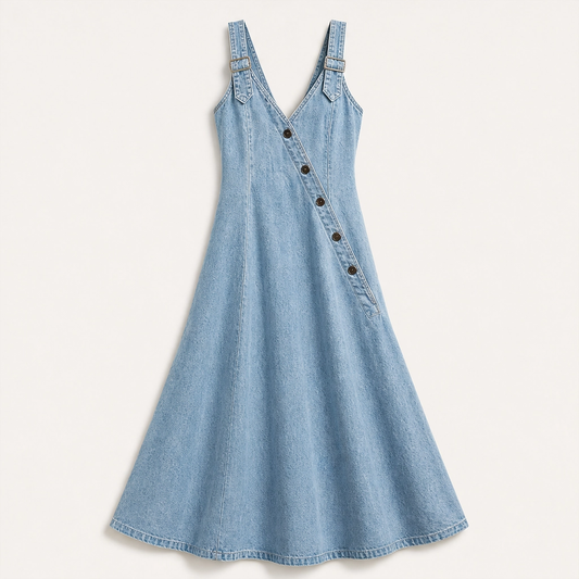 Indrielle – Asymmetric Button Denim Maxi Dress with Adjustable Straps & Pockets + 50% OFF