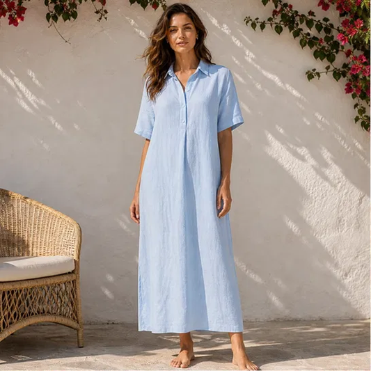 Rivella – Breathable Linen-Blend Collared Midi Shirt Dress + 50% OFF