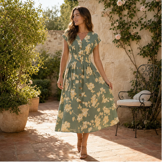 Verbena™ – Floral V-Neck Button-Down Pleated Midi Dress + 50% OFF