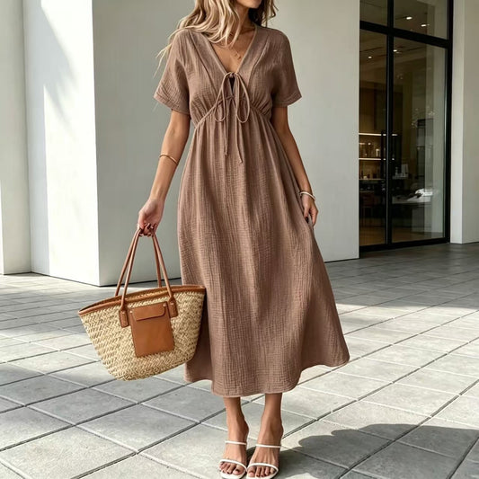 Marindale™ – Crinkle Gauze V-Neck Tie-Detail Midi Dress with Pockets + 50% OFF