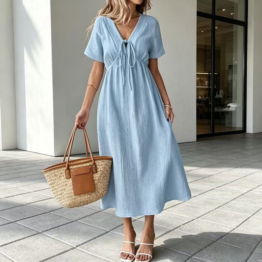 Marindale™ – Crinkle Gauze V-Neck Tie-Detail Midi Dress with Pockets + 50% OFF