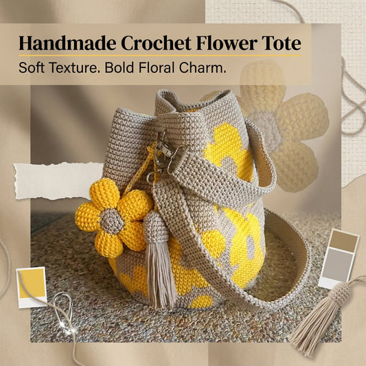 Marigold Lane™ – Handmade Crochet Flower Tote with 3D Floral Appliqués & Tassel Charm + 50% OFF