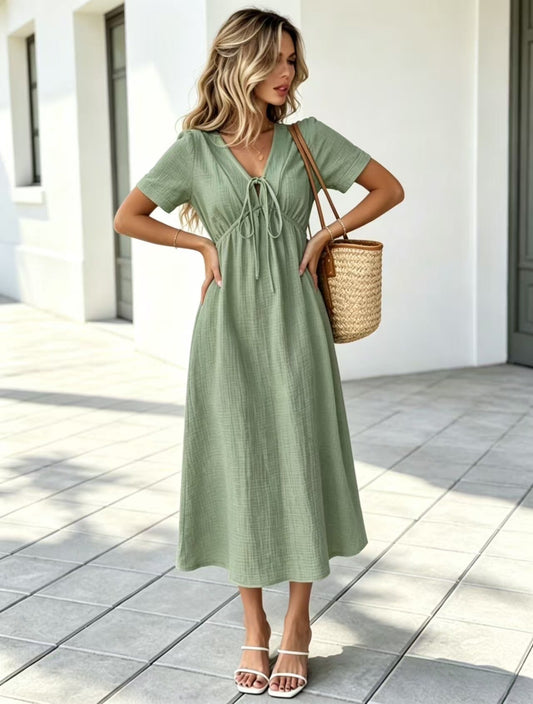 Marindale™ – Crinkle Gauze V-Neck Tie-Detail Midi Dress with Pockets + 50% OFF