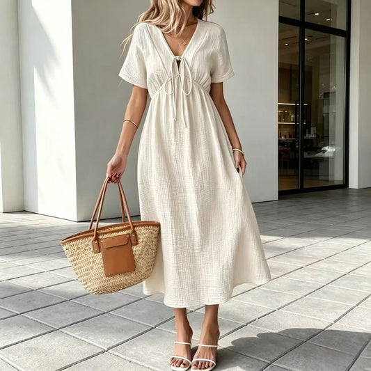 Marindale™ – Crinkle Gauze V-Neck Tie-Detail Midi Dress with Pockets + 50% OFF