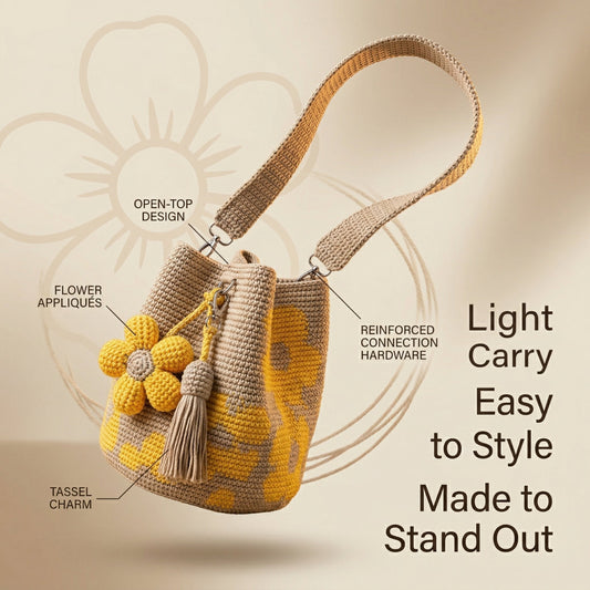 Marigold Lane™ – Handmade Crochet Flower Tote with 3D Floral Appliqués & Tassel Charm + 50% OFF
