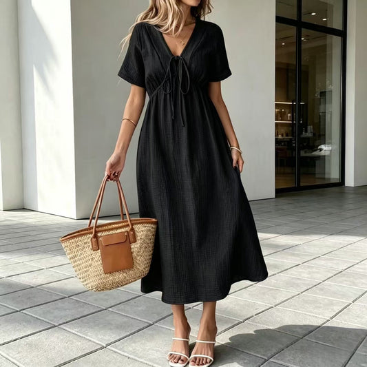 Marindale™ – Crinkle Gauze V-Neck Tie-Detail Midi Dress with Pockets + 50% OFF