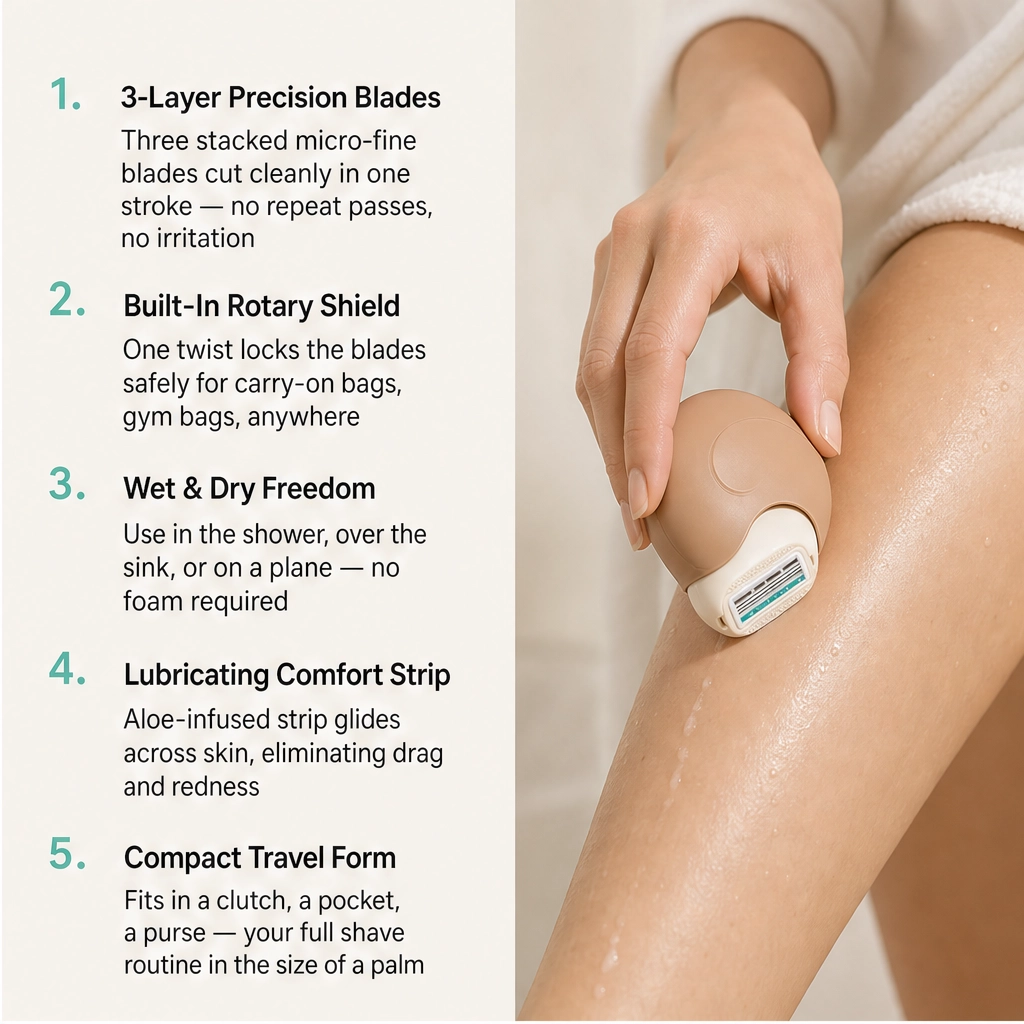 Nomadge – Triple-Blade Rotating Travel Razor with Built-In Protective Cap + 50% OFF