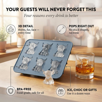 Moowick™ – 3D Highland Cow Silicone Ice Mold | 6-Cavity, BPA-Free, Food-Grade + 50% OFF