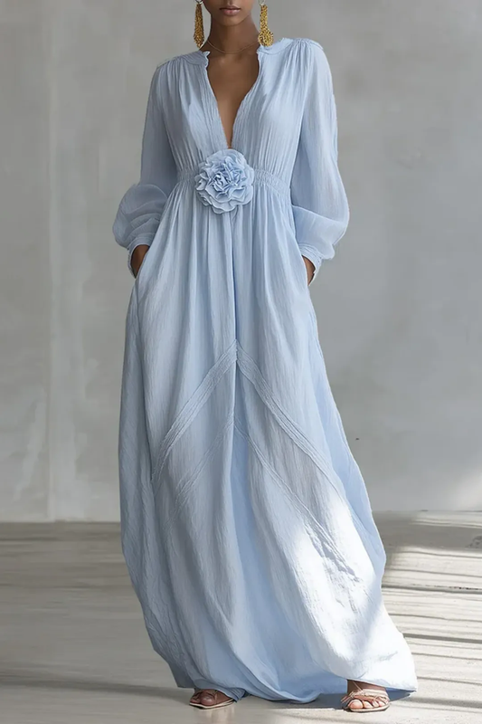 Seraline™ – Deep V-Neck 3D Floral Crinkle Maxi Dress with Pockets + 50% OFF