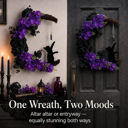 Briarmoon – Black Cat Crescent Moon Wreath with Purple Florals & Crystal Charm + 50% OFF