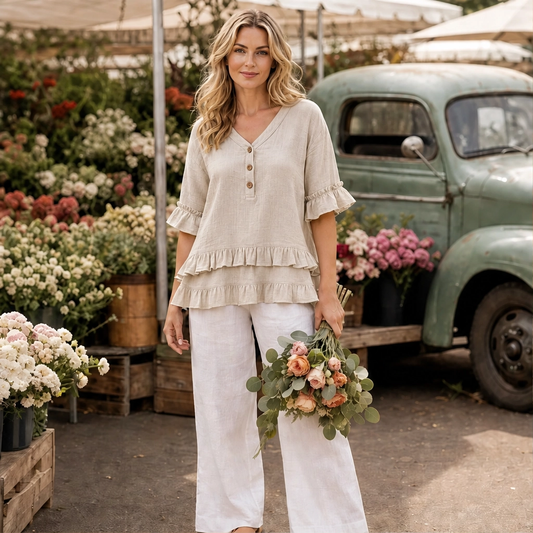 Lirelle – Breathable Linen-Blend V-Neck Ruffle Top + 50% OFF