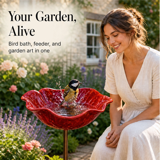 Wrenvale – Handmade Metal Flower Garden Stake with Built-In Bird Bath & Pollinator Bowl + 50% OFF