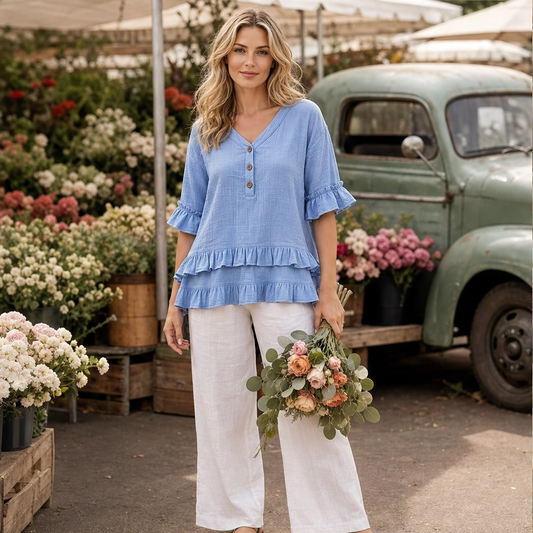 Lirelle – Breathable Linen-Blend V-Neck Ruffle Top + 50% OFF