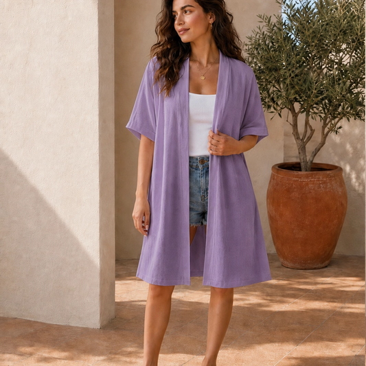 Solène – Lightweight Flowy Open-Front Short-Sleeve Cardigan + 50% OFF