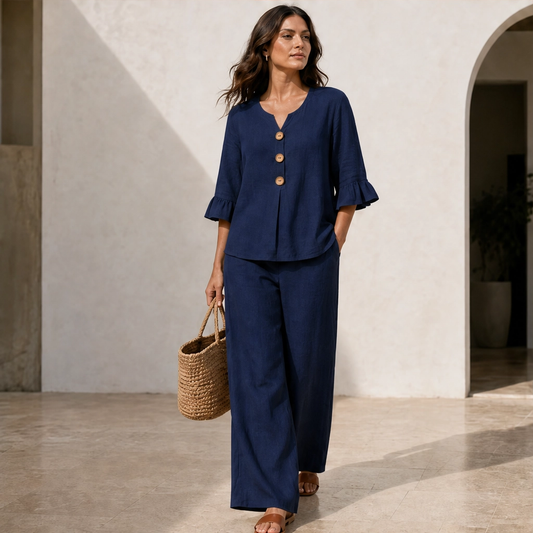 Linvelle – Ruffle-Sleeve Linen-Blend Wide-Leg Lounge Set + 50% OFF