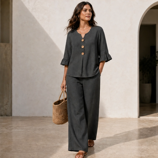 Linvelle – Ruffle-Sleeve Linen-Blend Wide-Leg Lounge Set + 50% OFF