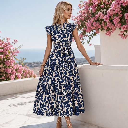 Solenne – Flutter Sleeve Tie-Waist Floral Tiered Midi Dress + 50% OFF