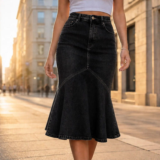 Vesperelle™ – High-Waist Flared Fishtail Denim Midi Skirt + 50% OFF
